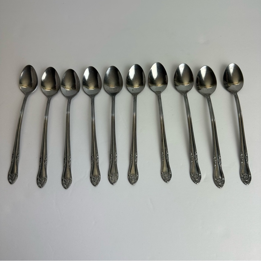 Custom Craft Ice Teaspoons Stainless Steel Floral Tapered Flatware SET OF 10